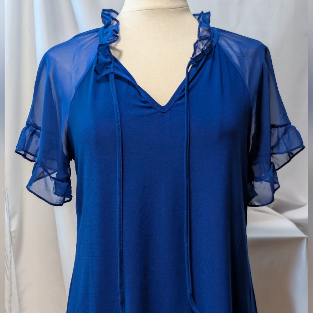 Sale Price Royal Blue Sheer Sleeve Pop Up Colar Women's blouse top. Zero 2 Eight - Picture 7 of 16